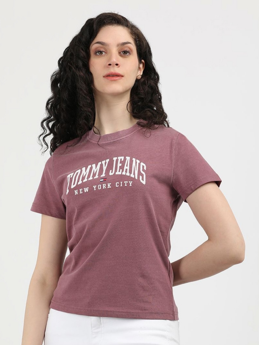 

Tommy Hilfiger Women Brand Logo Printed Round Neck Cotton T-shirt, Purple