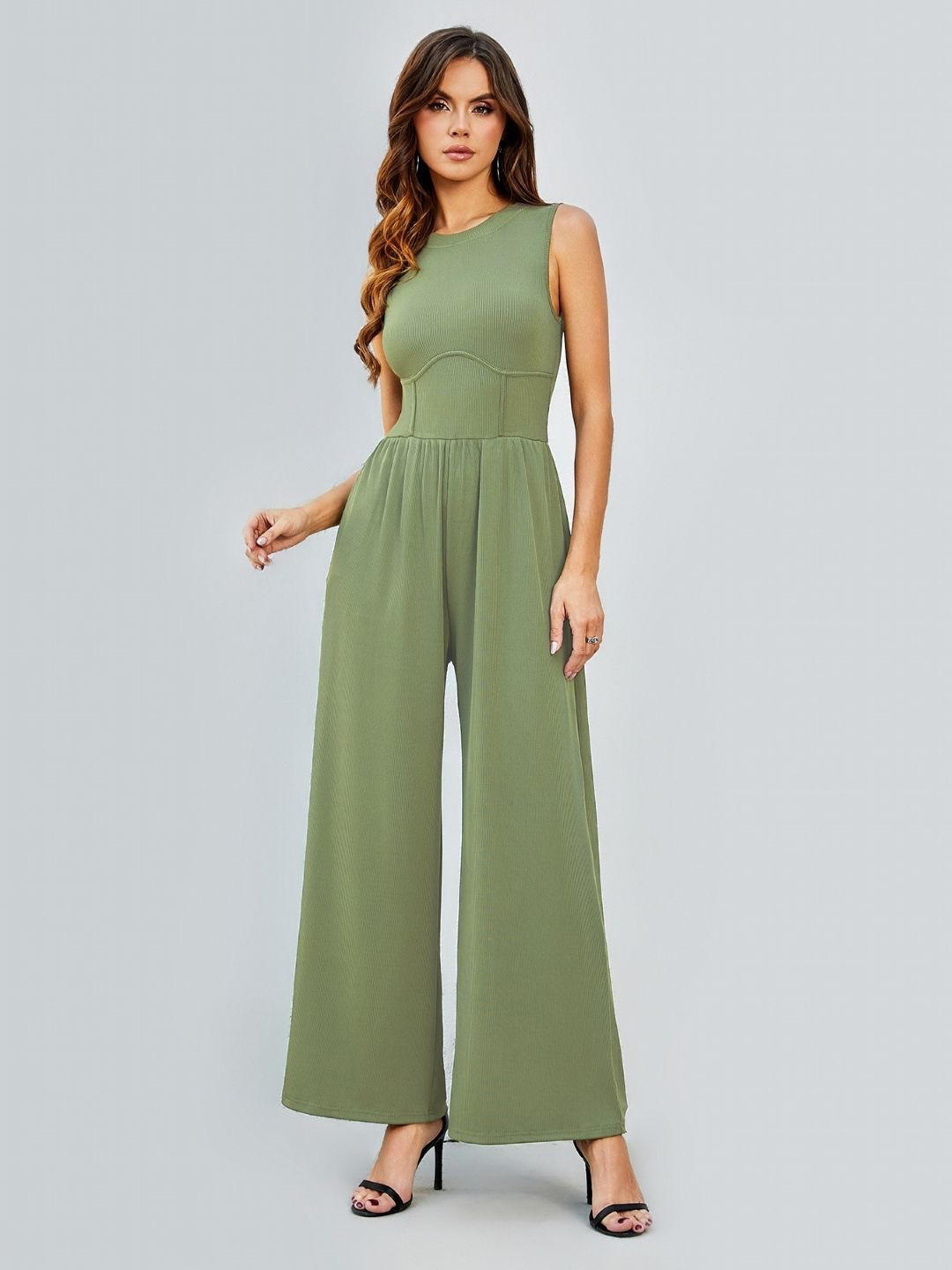 

KPOP Women Round Neck Sleeveless Basic Jumpsuit, Green