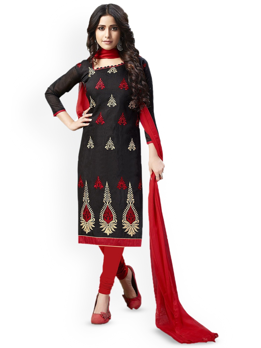 

Aika Embroidered Chanderi Cotton Unstitched Dress Material, Black