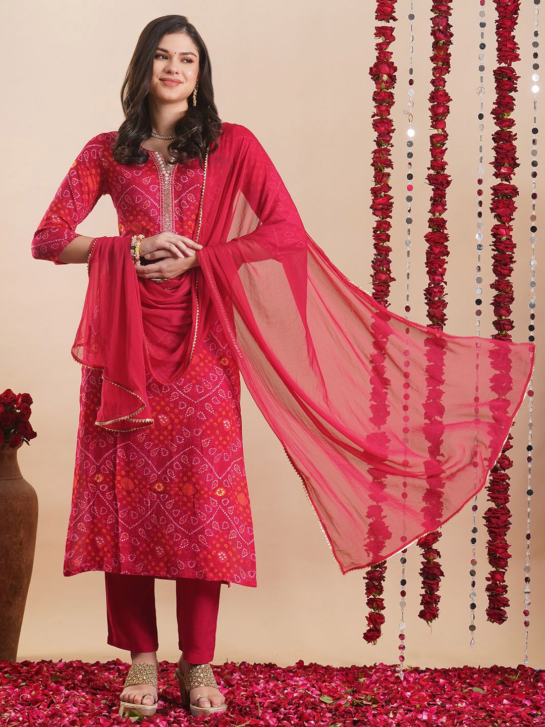 

GoSriKi Bandhani Printed Beads and Stones Straight Kurta With Trouser & Dupatta, Pink