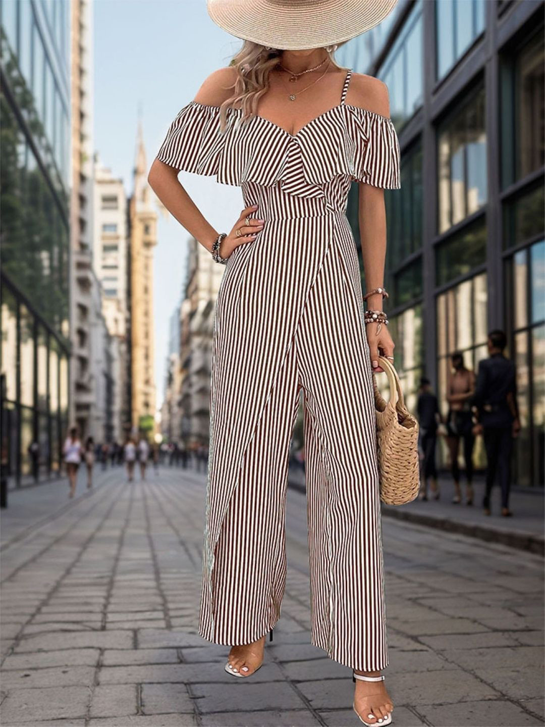 

KPOP Shoulder Straps Striped Basic Jumpsuit, Khaki