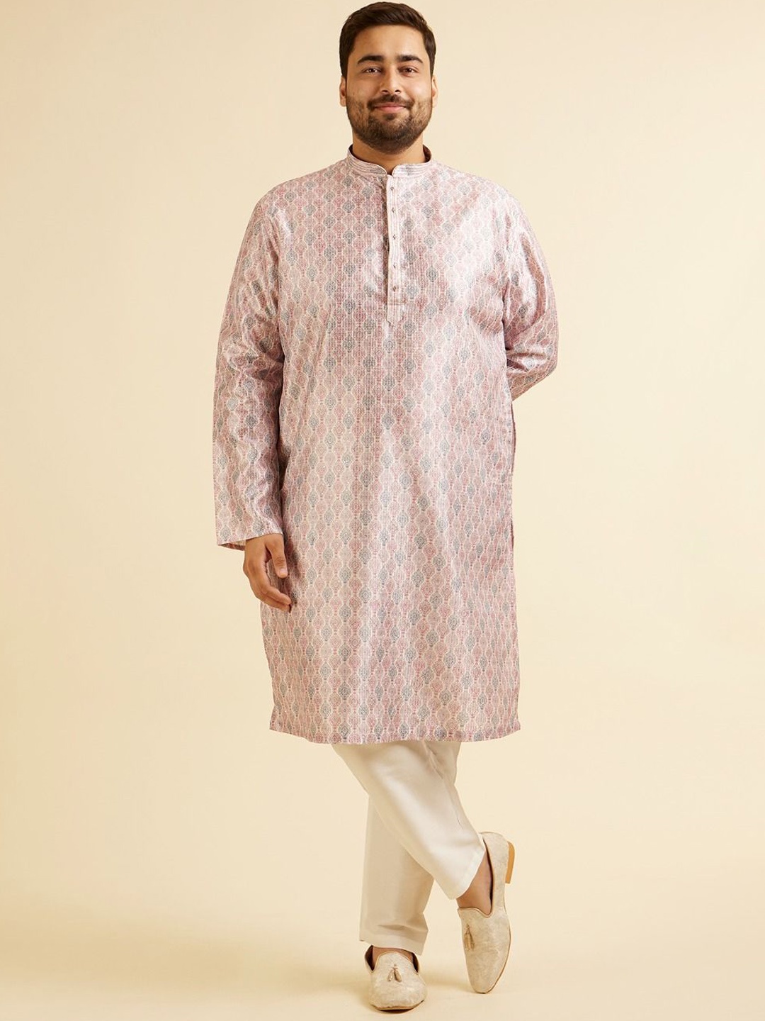 

Manyavar Plus Size Ethnic Motifs Woven Design Thread Work Straight Kurta With Pyjama, Pink