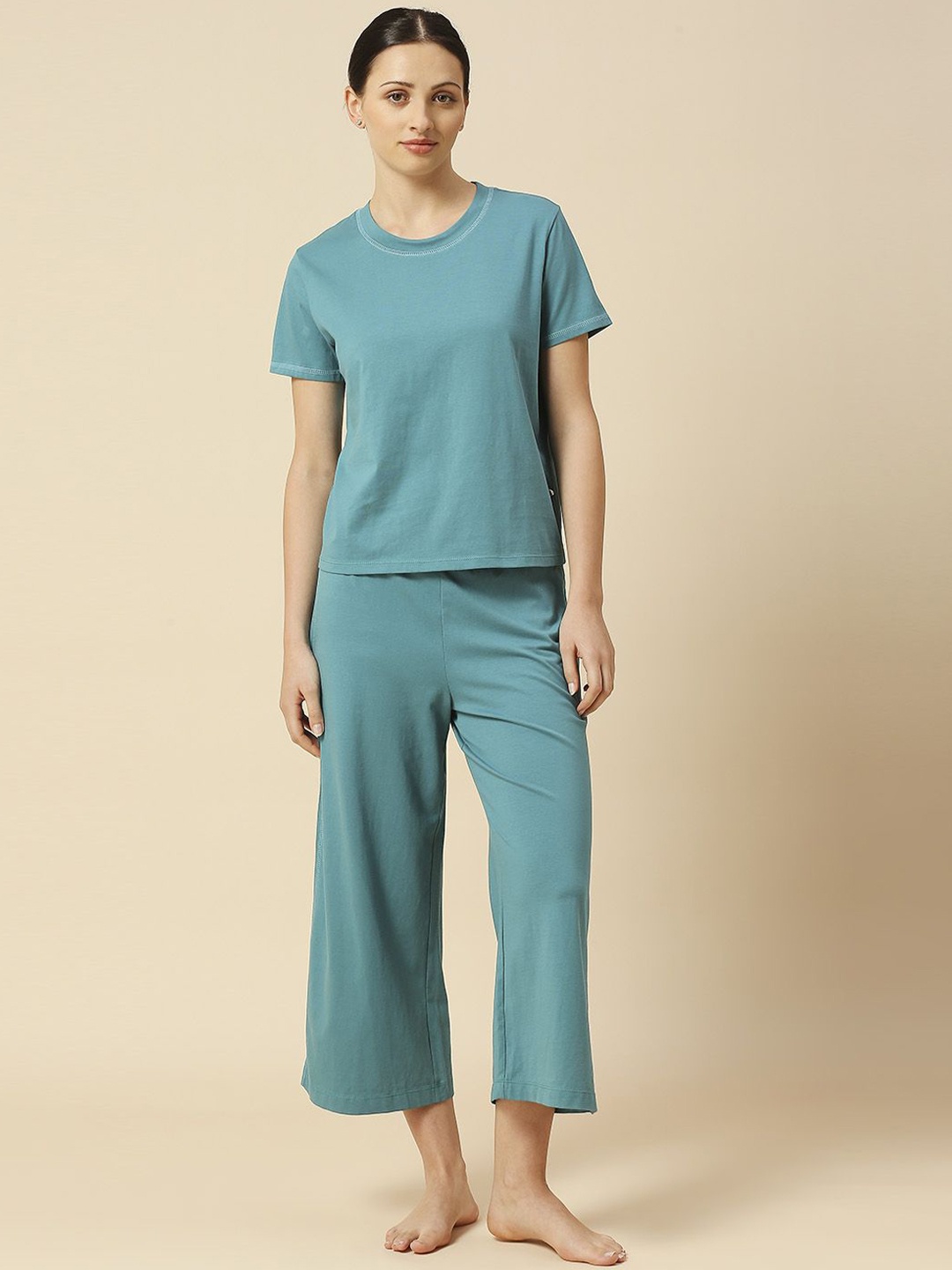

Chemistry Women Solid Round Neck Pure Cotton Night suit, Teal