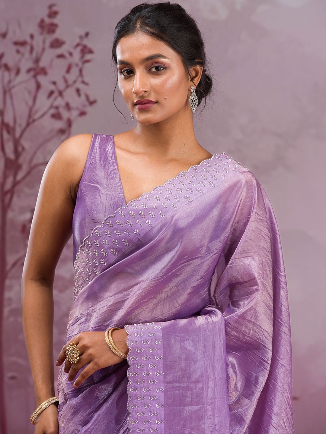 

Koskii Embellished Beads and Stones Border Solid Saree, Purple