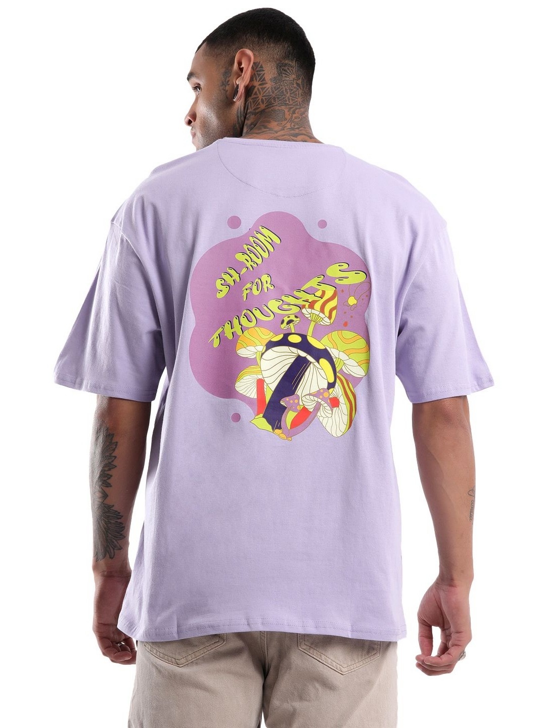

WROGN Men Graphic Printed Round Neck Pure Cotton Oversized T-shirt, Purple