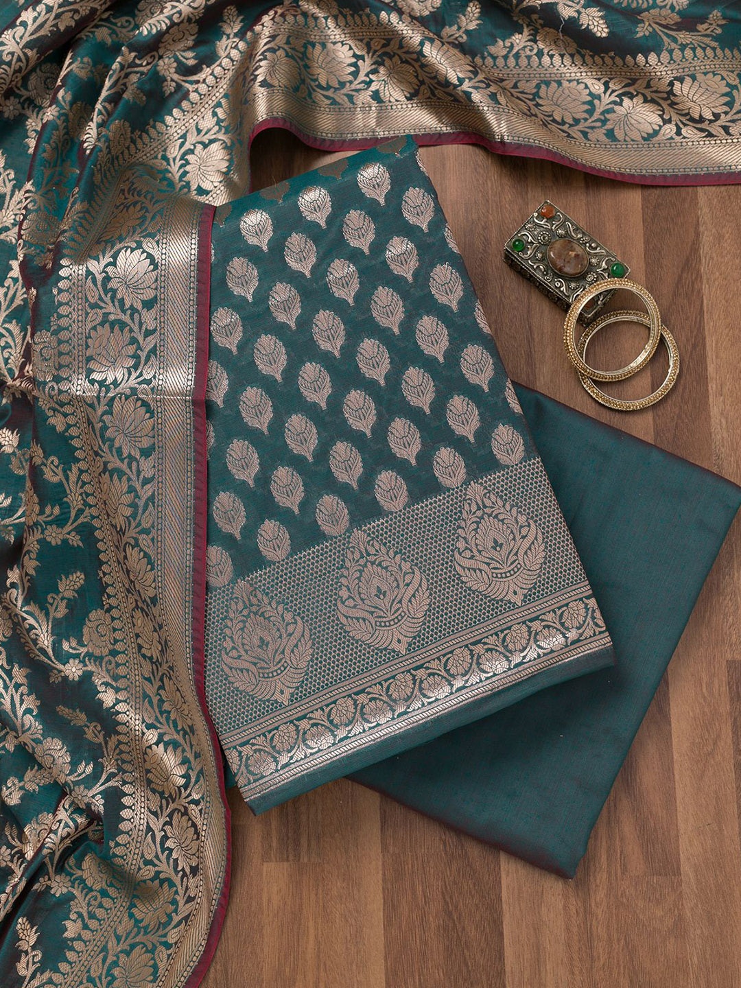 

Koskii Floral Embroidered Zari Unstitched Dress Material, Blue