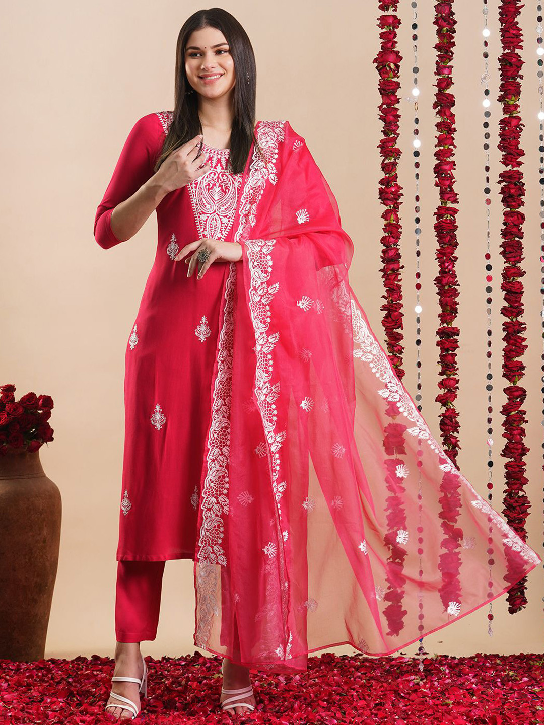 

KALINI Floral Embroidered Regular Straight Kurta with Trousers & Dupatta, Pink