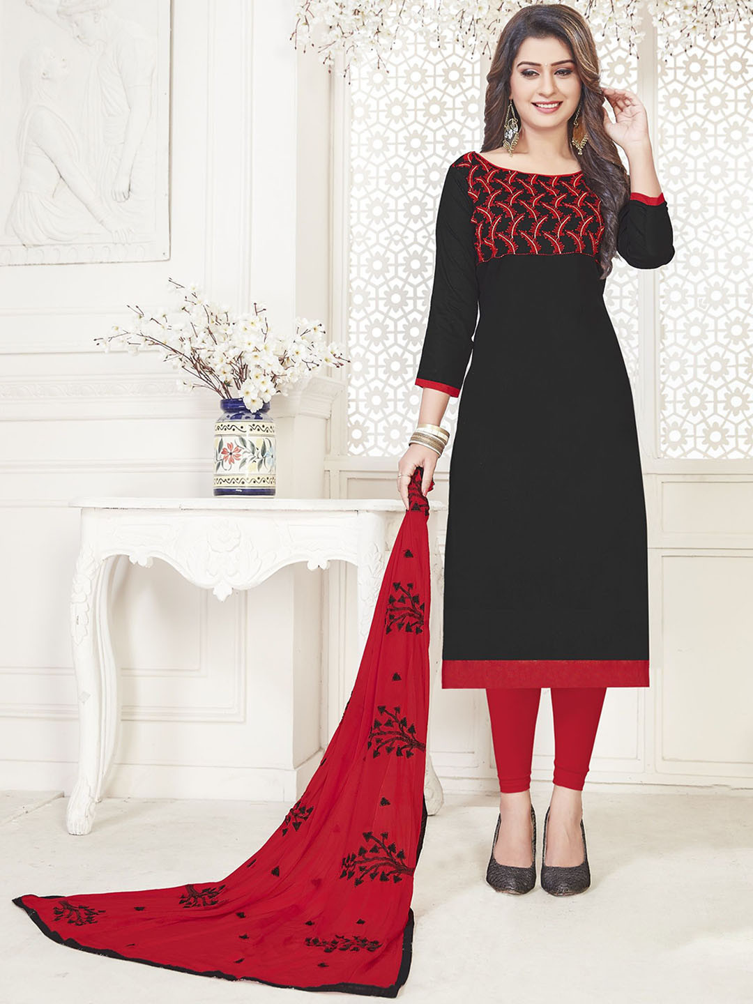 

Aika Floral Embroidered Silk Chiffon Unstitched Dress Material, Black