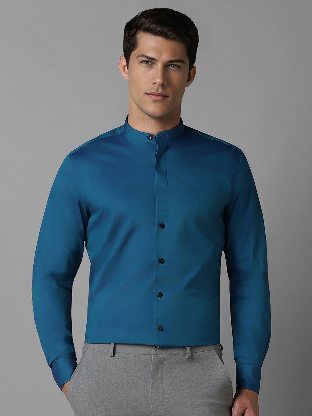 

Louis Philippe Men Mandarin Collar Solid Cotton Slim Fit Formal Shirt, Blue
