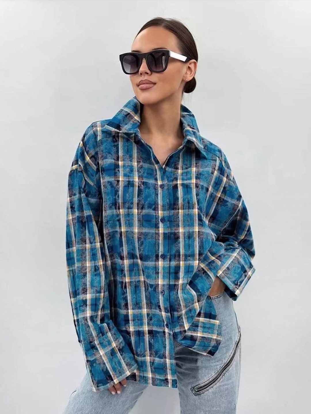 

KPOP Women Checked Shirt Collar Pure Cotton Top, Blue