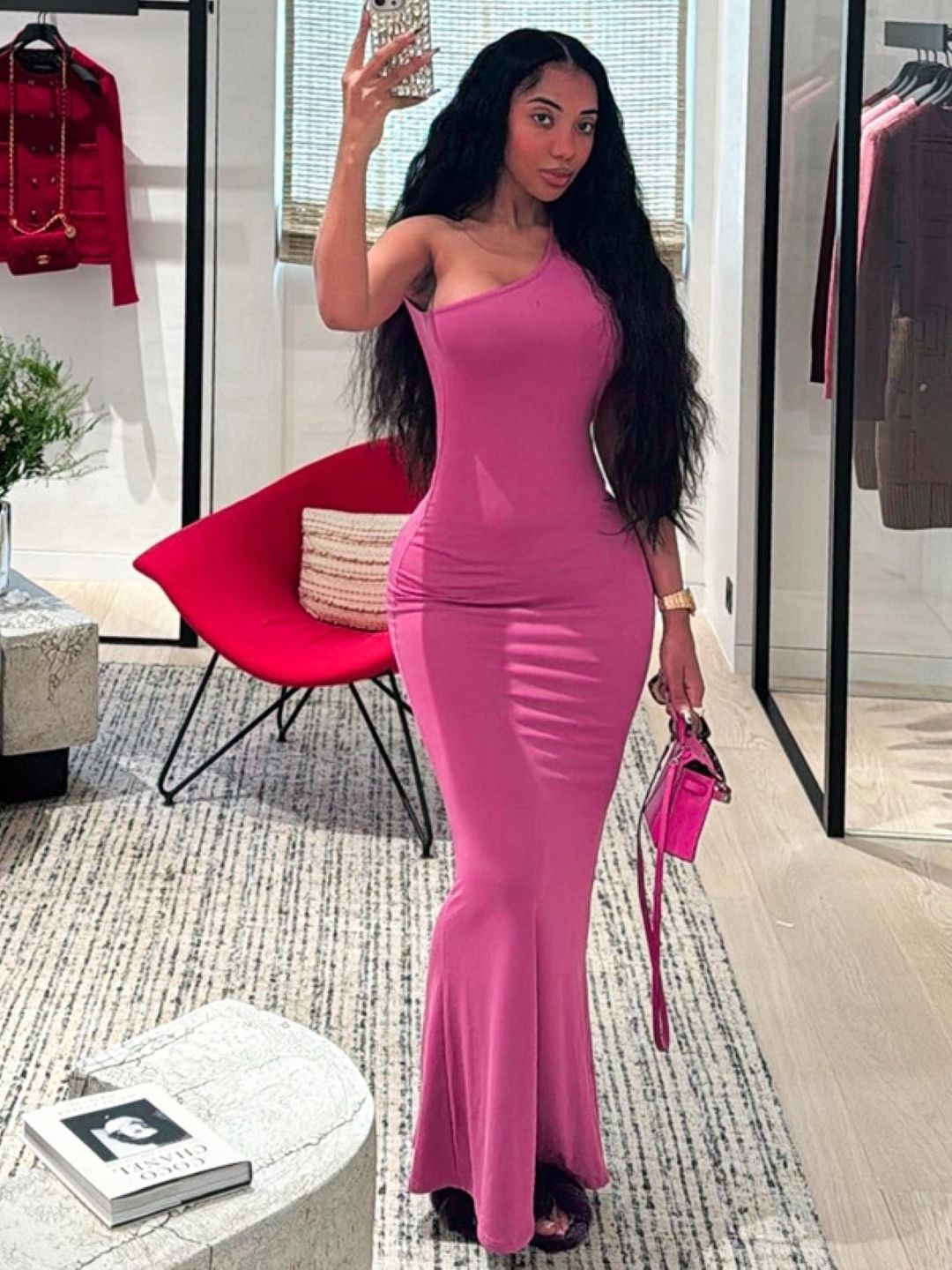 

KPOP Women Solid One Shoulder Bodycon Maxi Dress, Pink