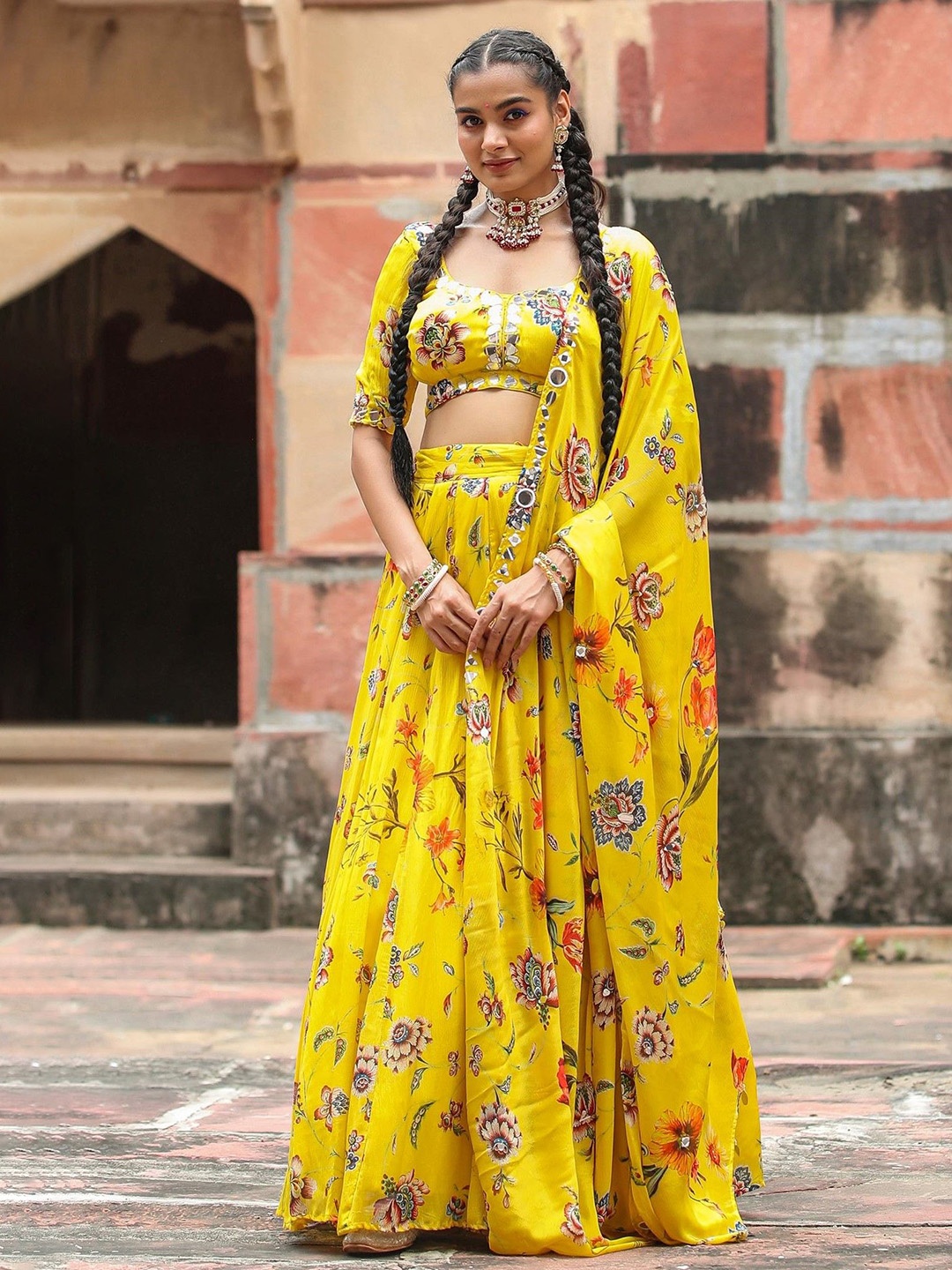 

SCAKHI Printed Mirror Work Ready to Wear Lehenga & Blouse With Dupatta, Yellow