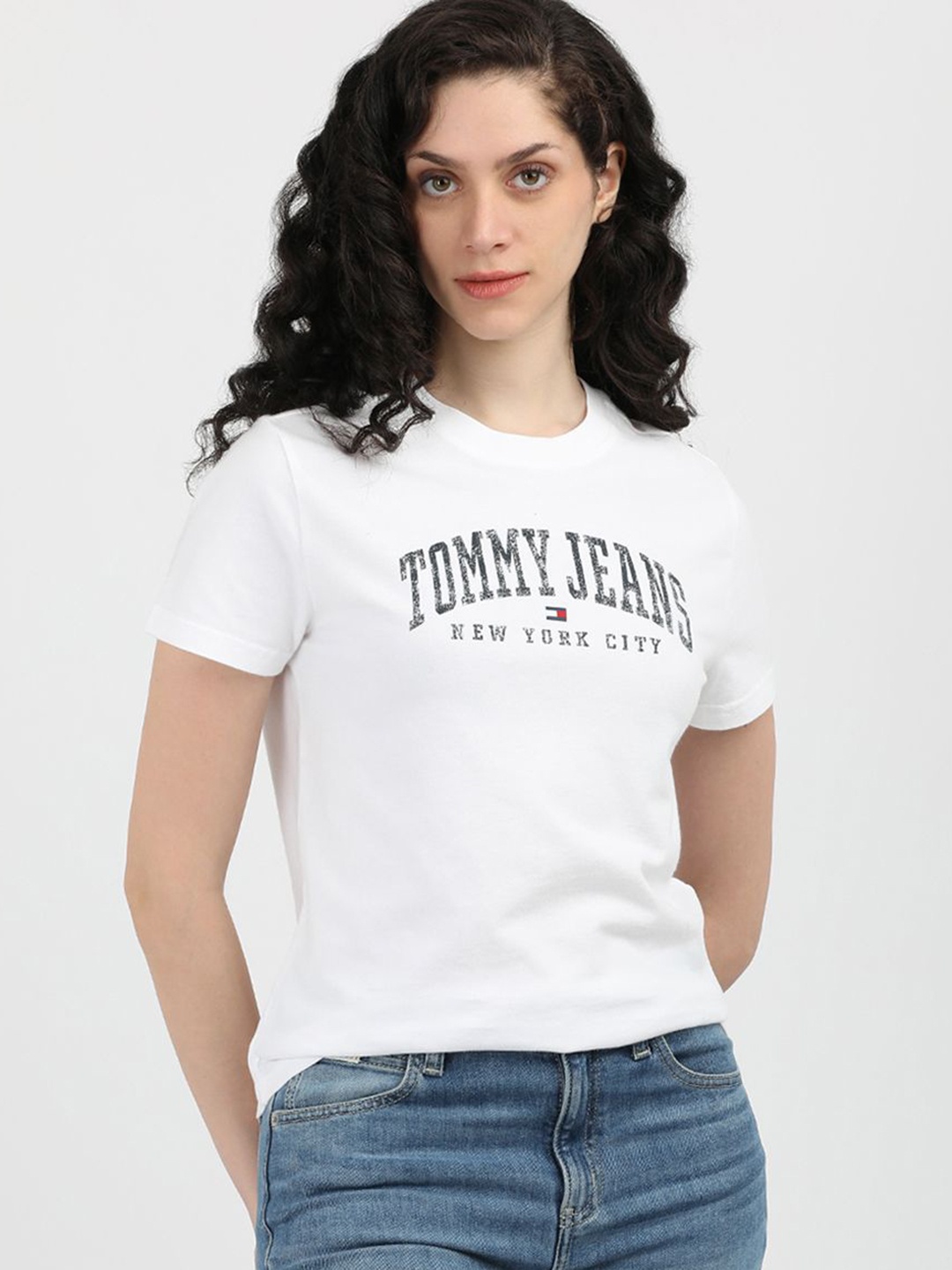 

Tommy Hilfiger Women Typography Printed Round Neck Cotton T-shirt, White