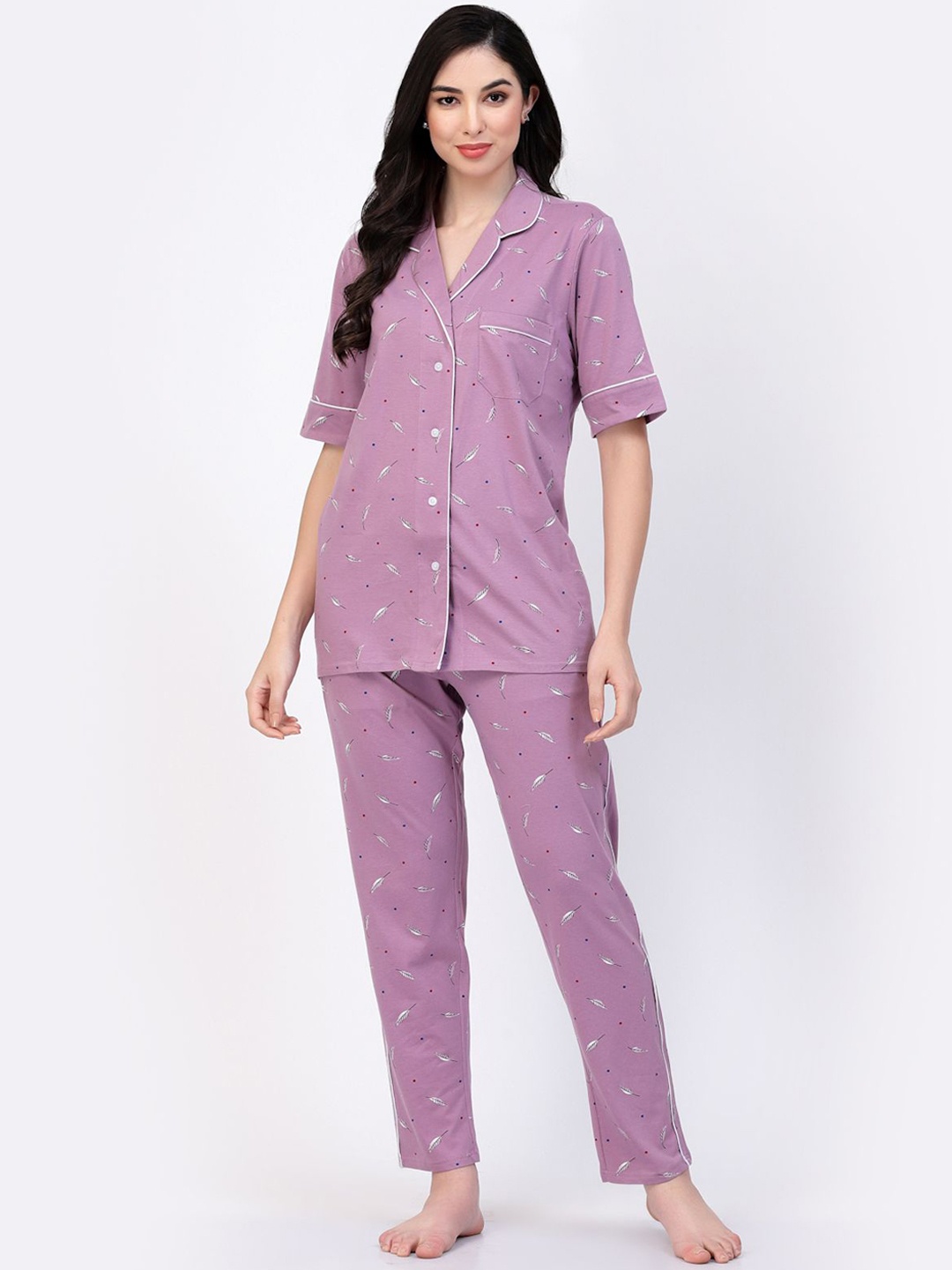 

SHYAM SONS FLAIR Women Abstract Printed Lapel Collar Night suit, Purple