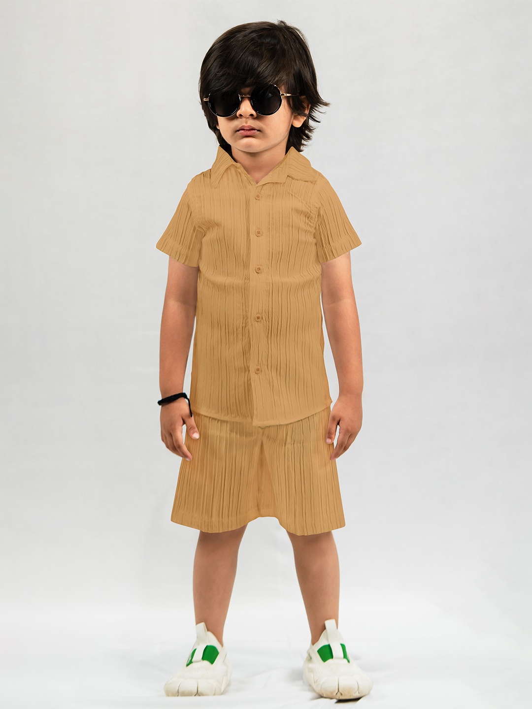 

Emblica Boys Self Design Shirt with Shorts, Beige