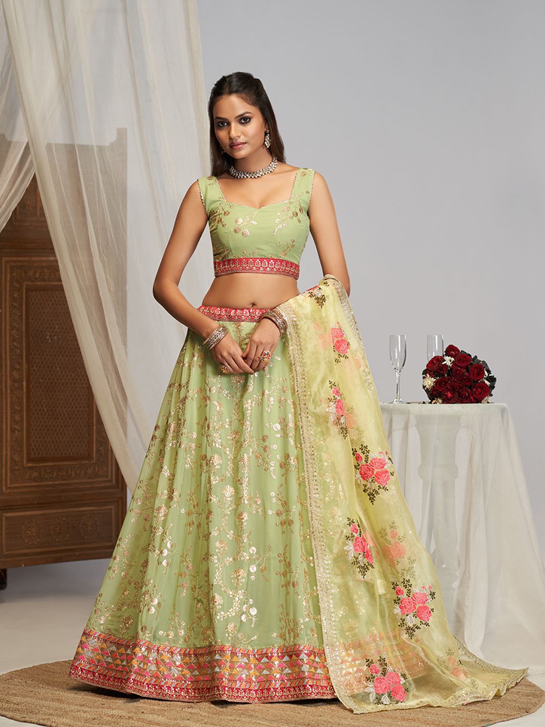 

JIHU CULTURE Embellished Semi-Stitched Lehenga & Unstitched Blouse With Dupatta, Green