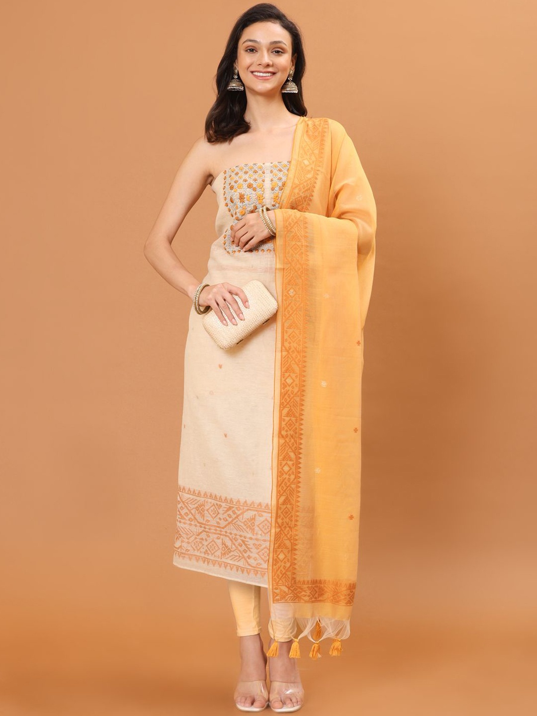 

Meena Bazaar Embroidered Art Silk Unstitched Dress Material, Beige