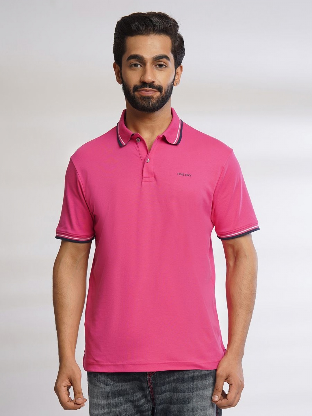 

ONE SKY Men Solid Polo Collar Cotton T-shirt, Fuchsia
