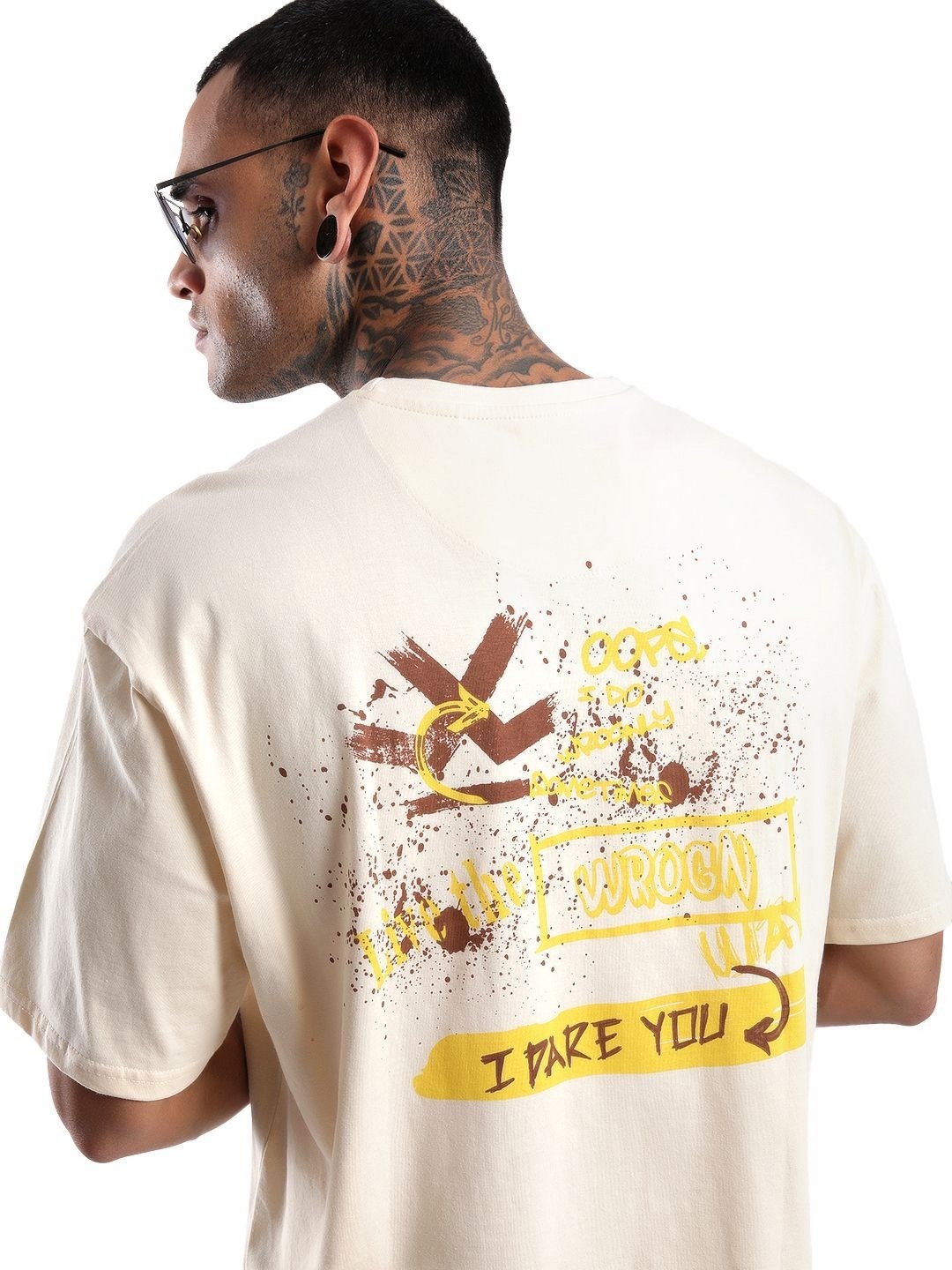 

WROGN Men Graphic Printed Round Neck Pure Cotton Oversized T-shirt, Beige