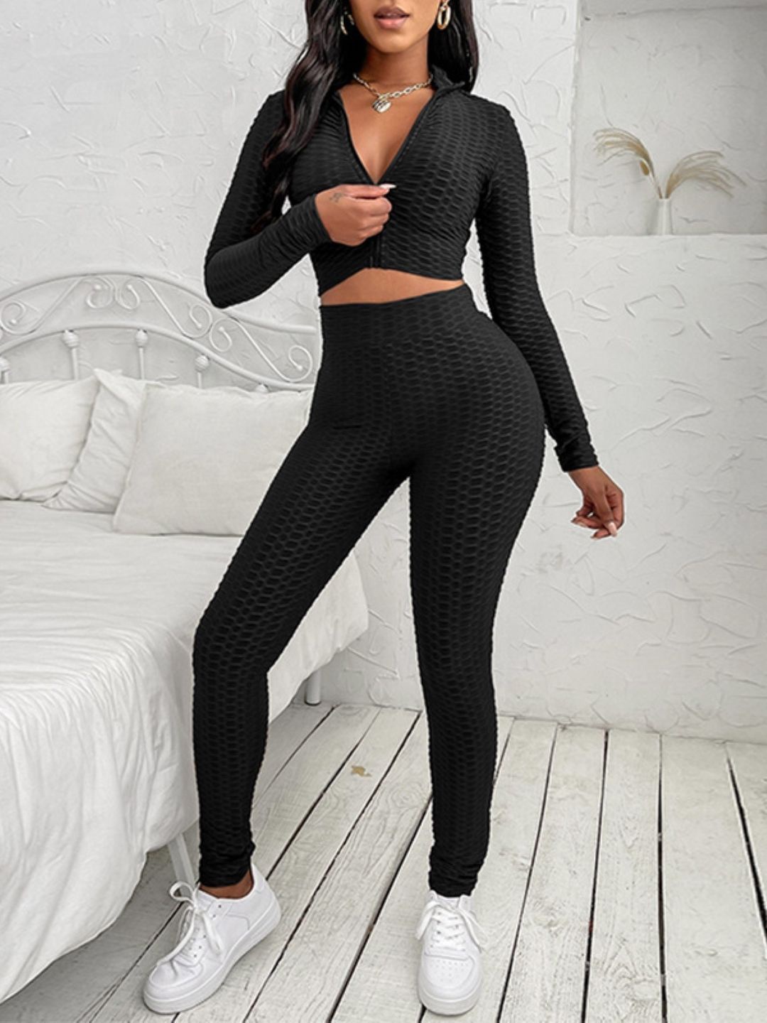 

KPOP Self-Design Top With Trousers Co ords, Black