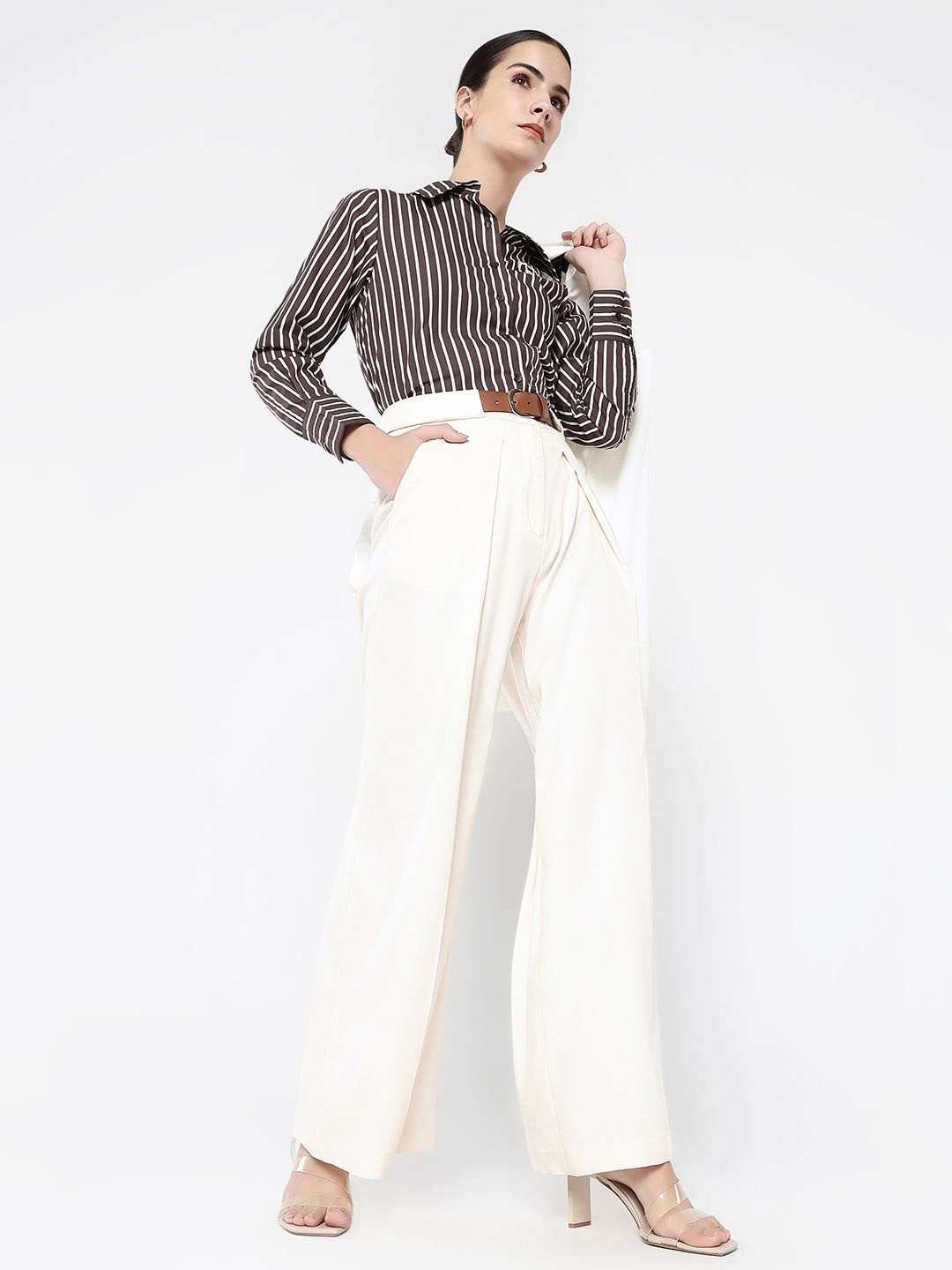 

RAREISM Women Solid Tailored Loose Fit High-Rise Trousers, Beige