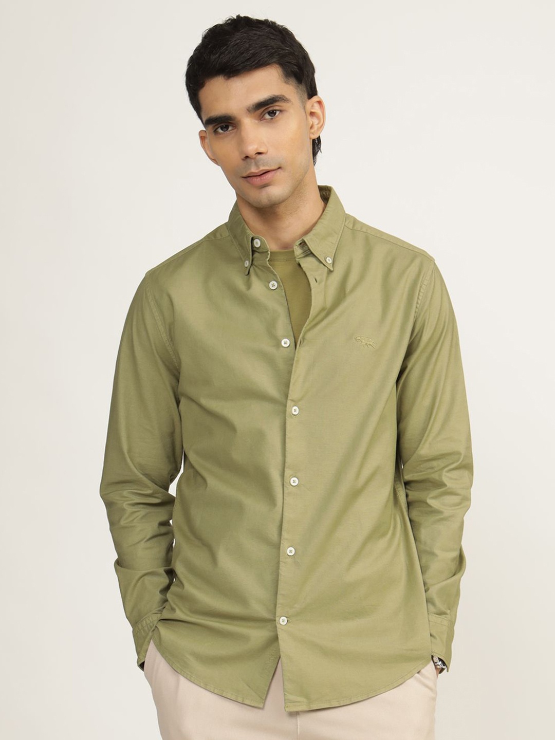 

Andamen Men Premium Button-Down Collar Solid Cotton Casual Shirt, Green