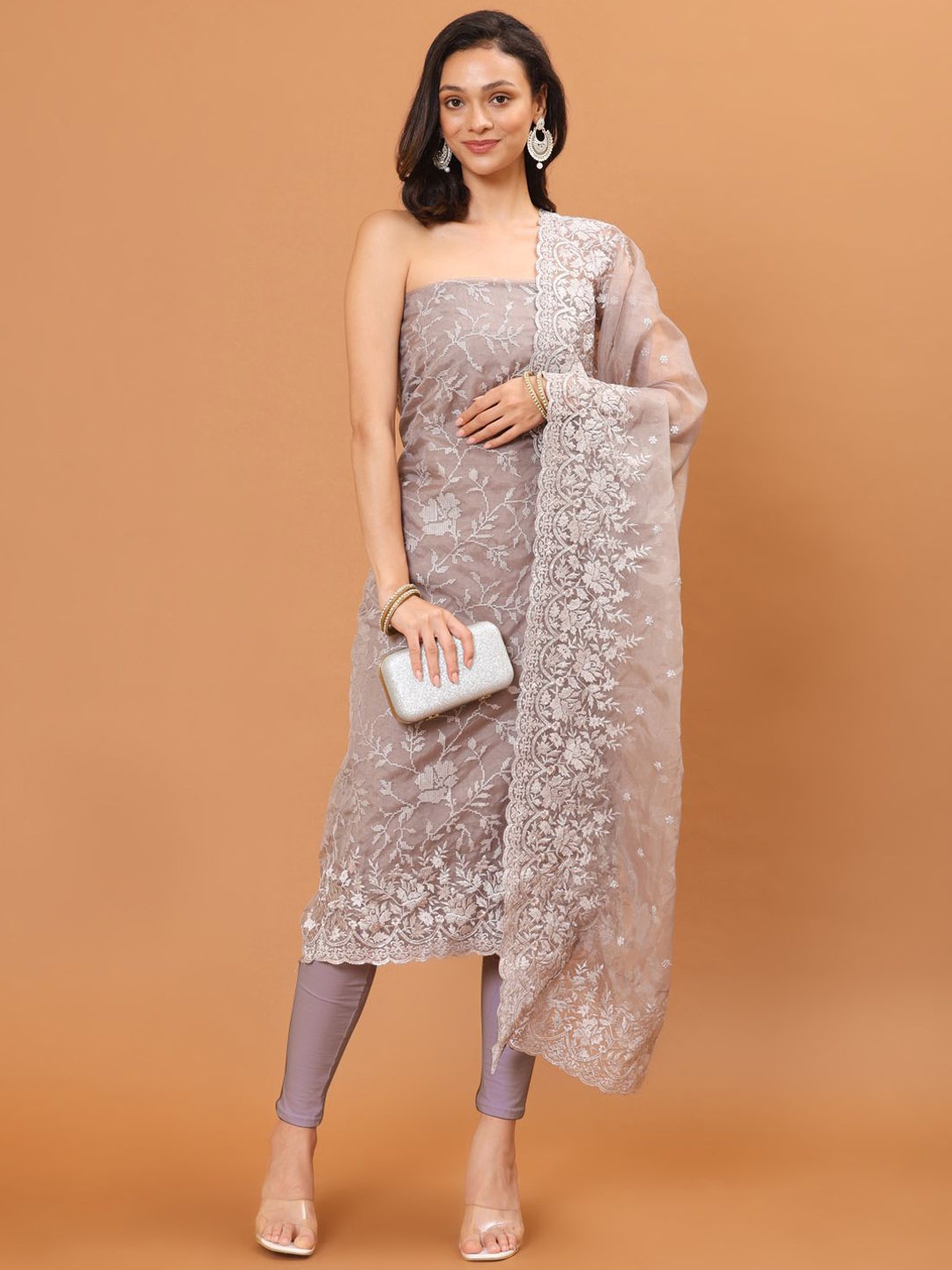 

Meena Bazaar Floral Embroidered Art Silk Unstitched Dress Material, Grey