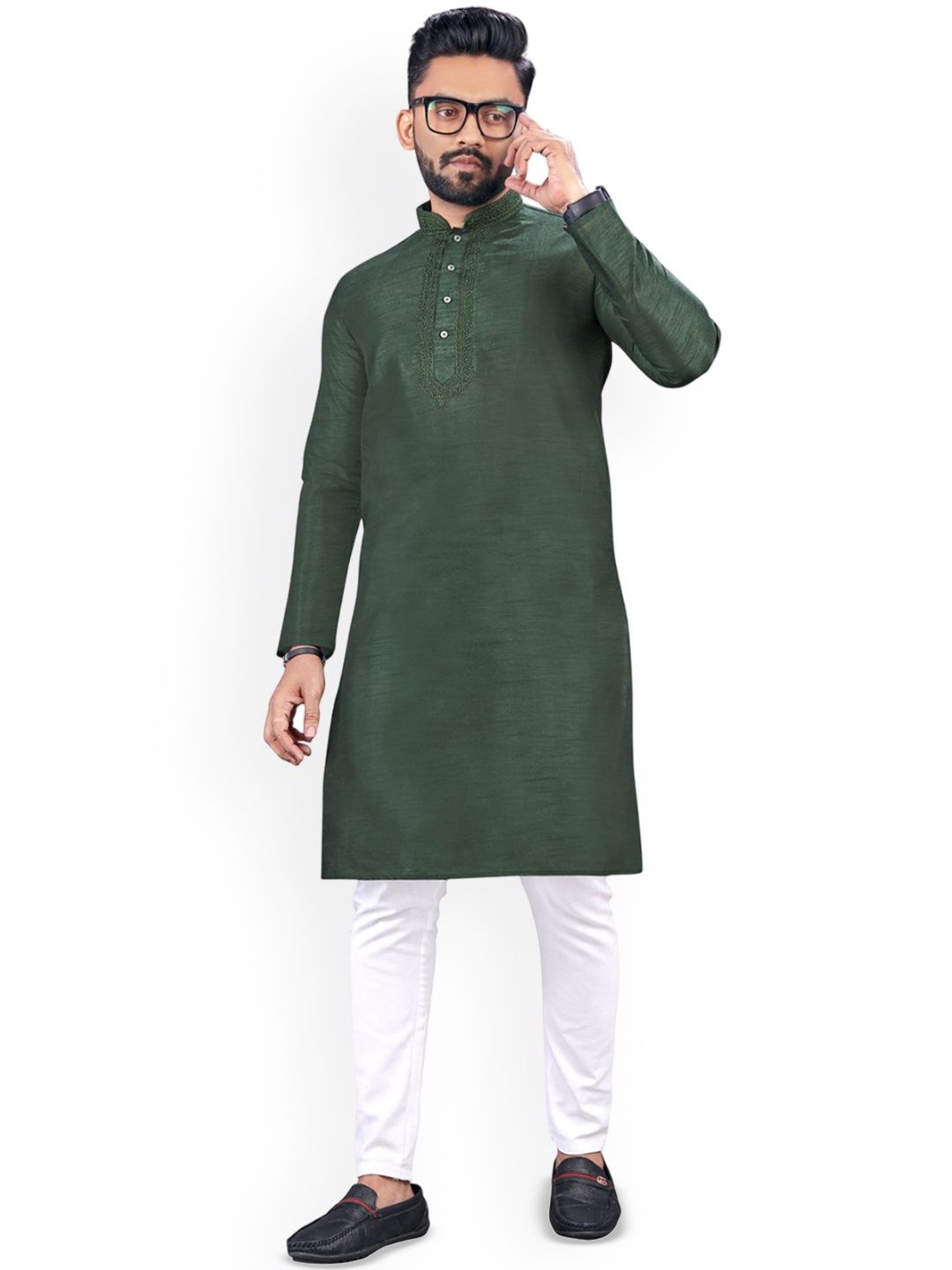 

CHARLOTTE GRACIOUS Mandarin Collar Regular Cotton Silk Straight Kurta, Green