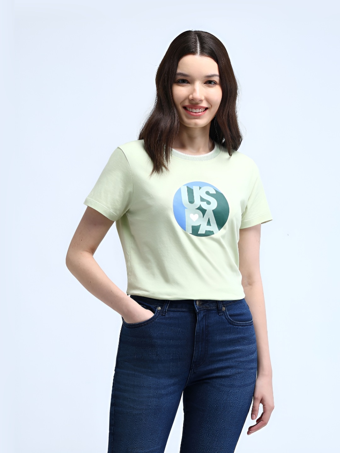 

U.S. Polo Assn. Women Brand Logo Printed Round Neck Pure Cotton T-shirt, Green