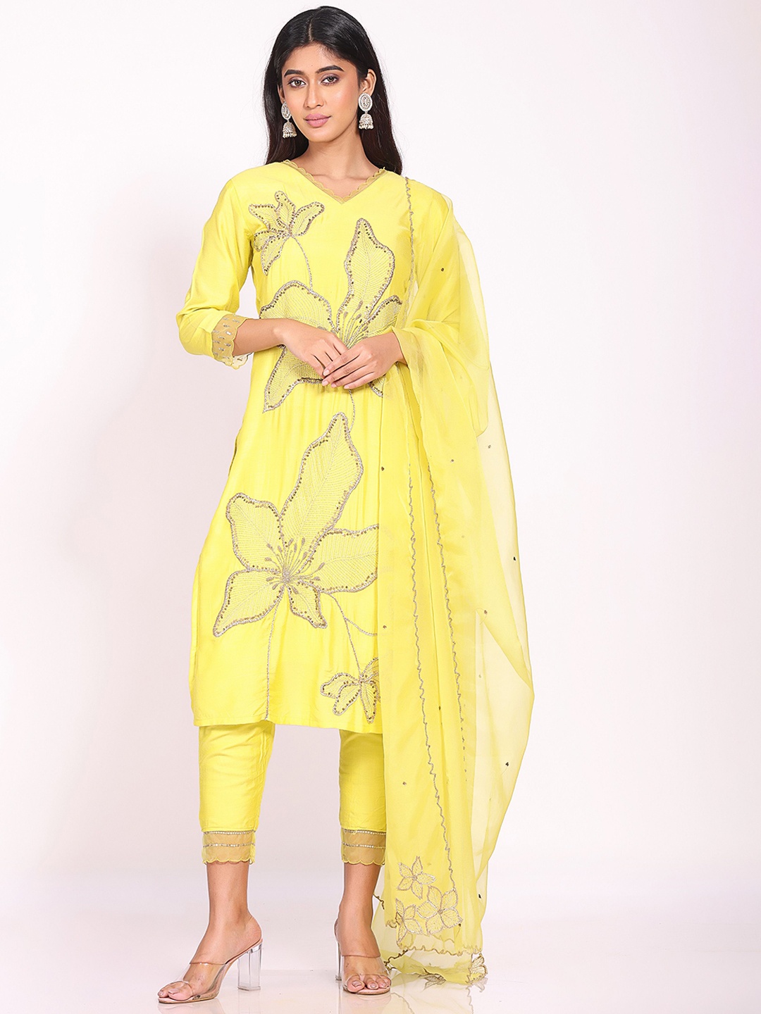 

ORAT Ethnic Motifs Embroidered Sequinned Pure Silk Straight Kurta With Trousers & Dupatta, Yellow