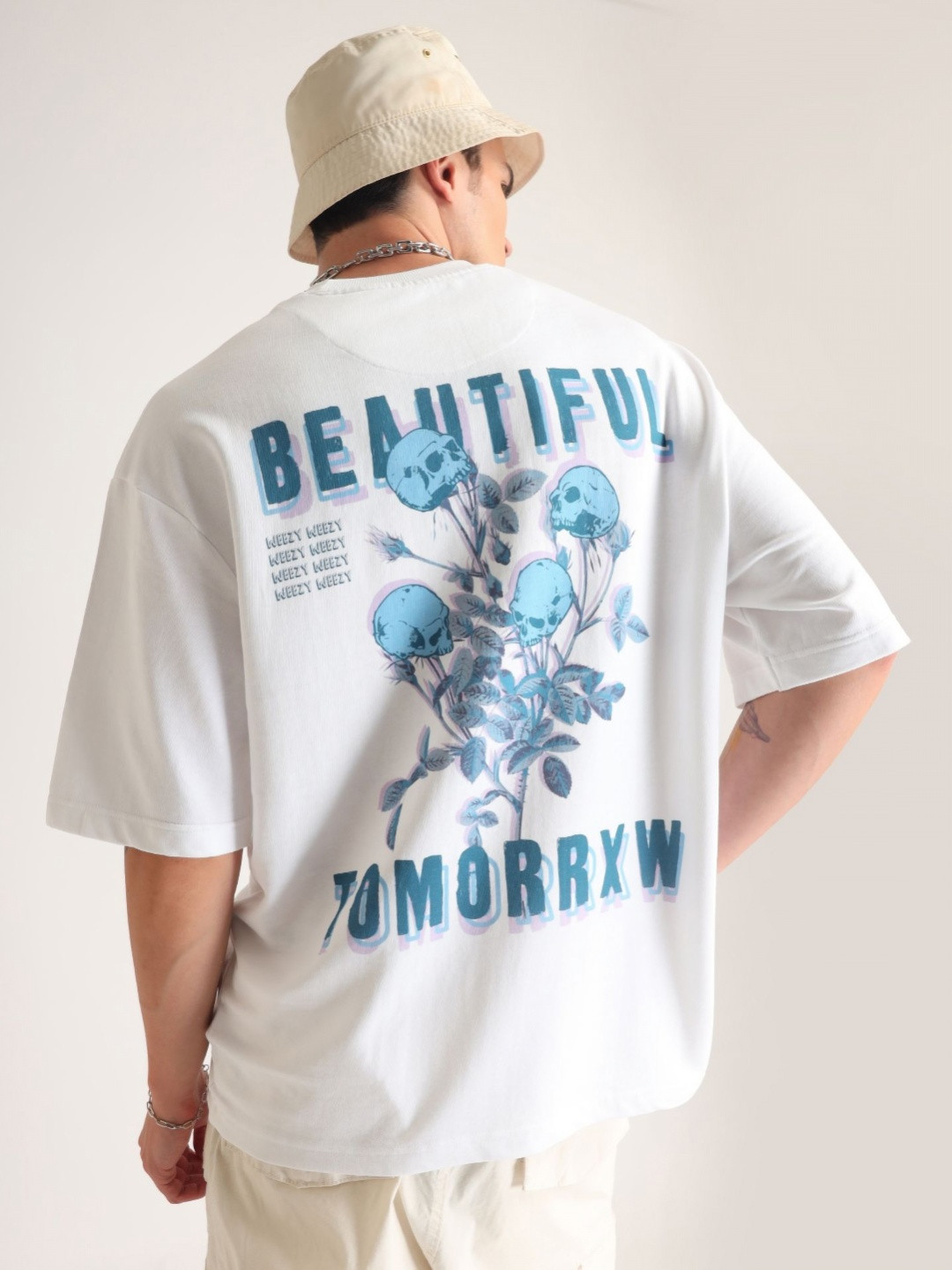 

Weezy Men Cotton Round Neck Half Sleeve Graphic Printed Oversized T-shirt, White