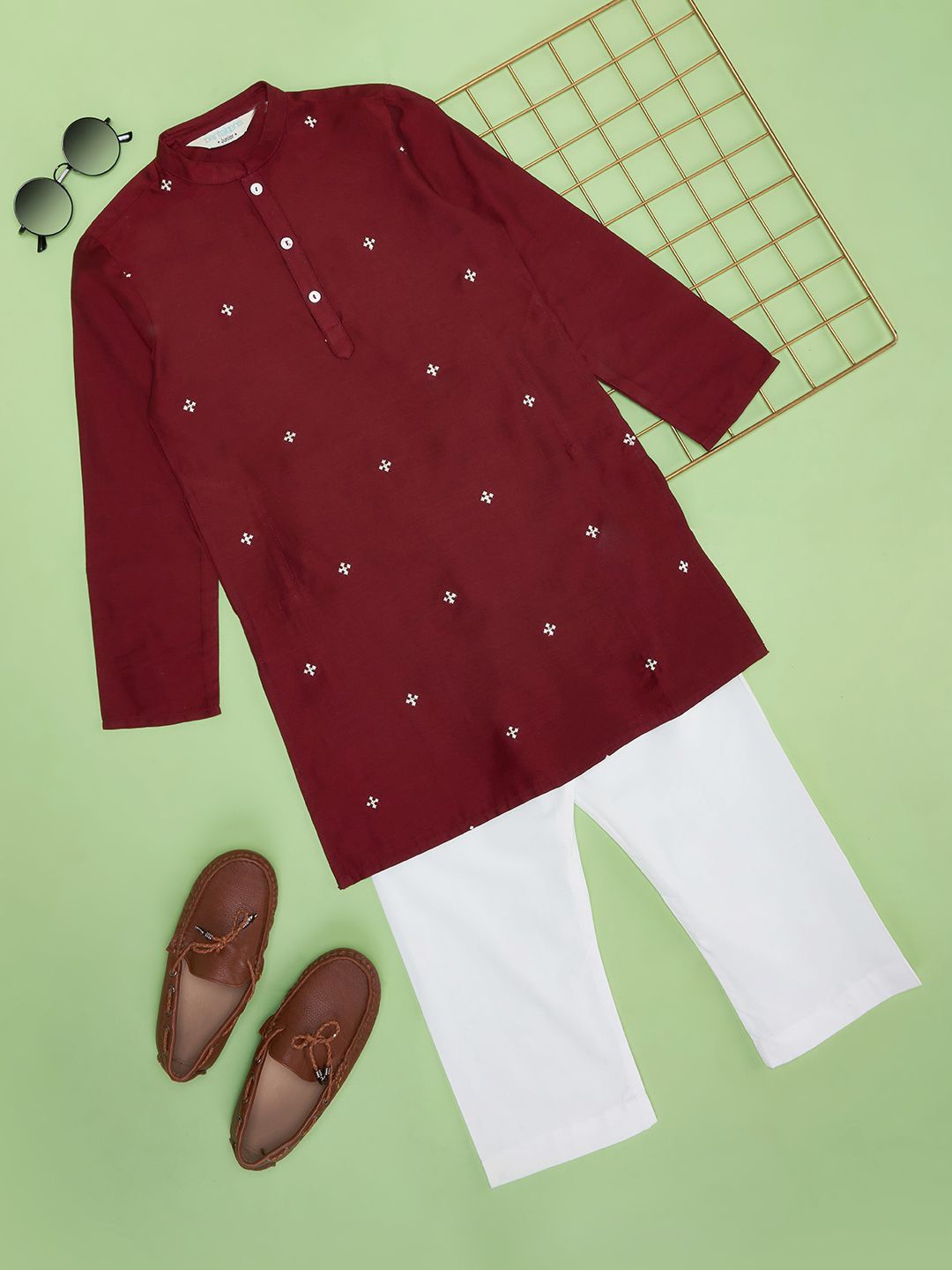 

indus route by Pantaloons Boys Floral Embroidered Regular Straight Kurta with Pyjamas, Rust