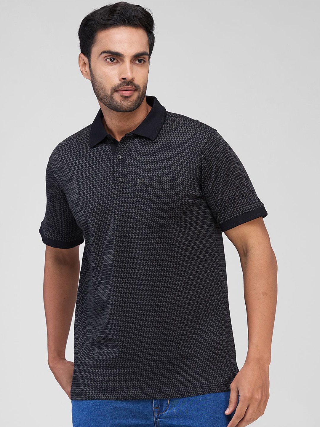 

Raymond Men Geometric Printed Polo Collar Cotton T-shirt, Black