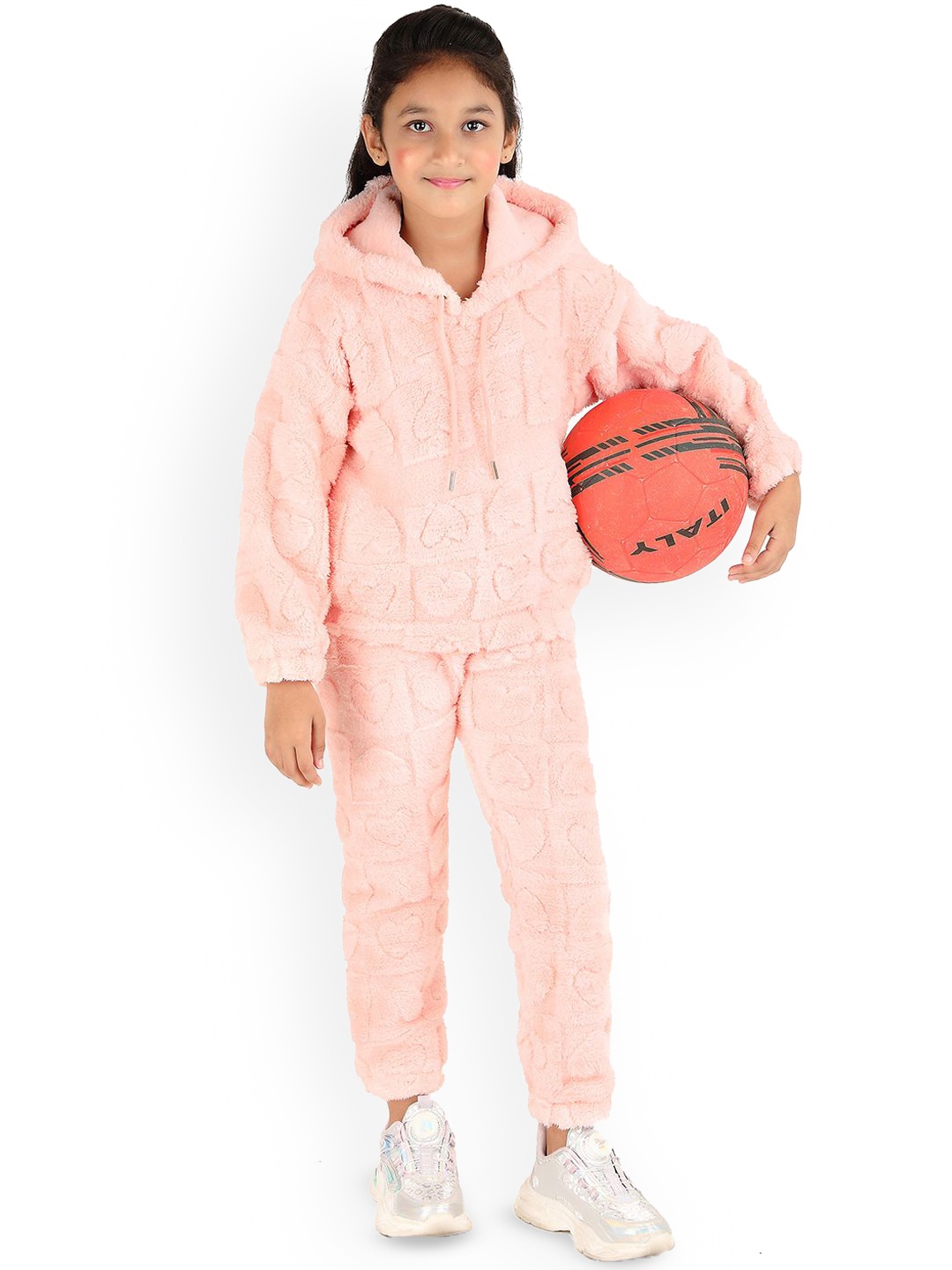 

SMSHOPMORE Girls Mid-Rise Tracksuits Super Soft Fur Fabric with Heart Shape Design, Peach