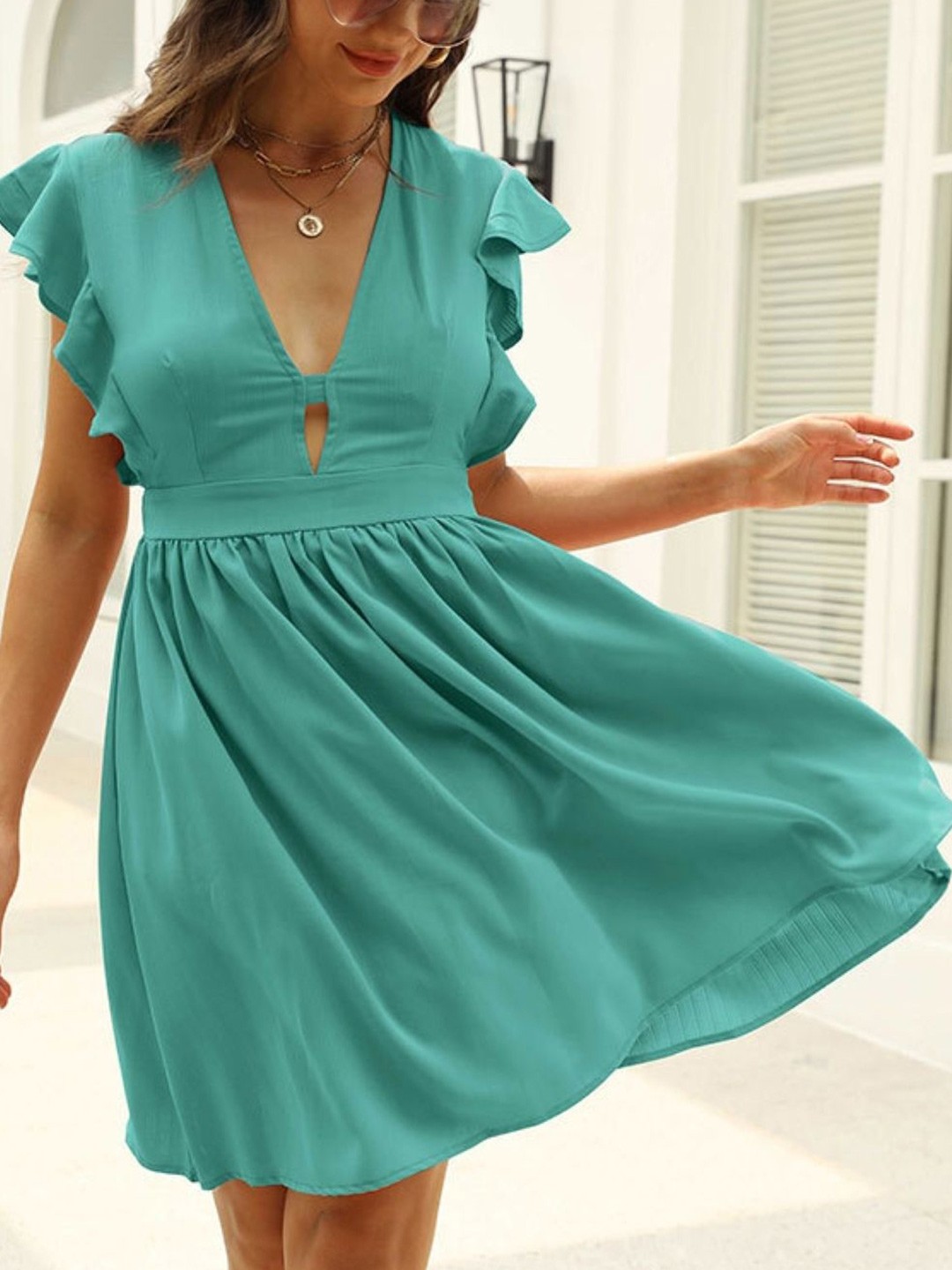 

KPOP V-Neck Solid Sleeveless Polyester A-Line Dress, Teal