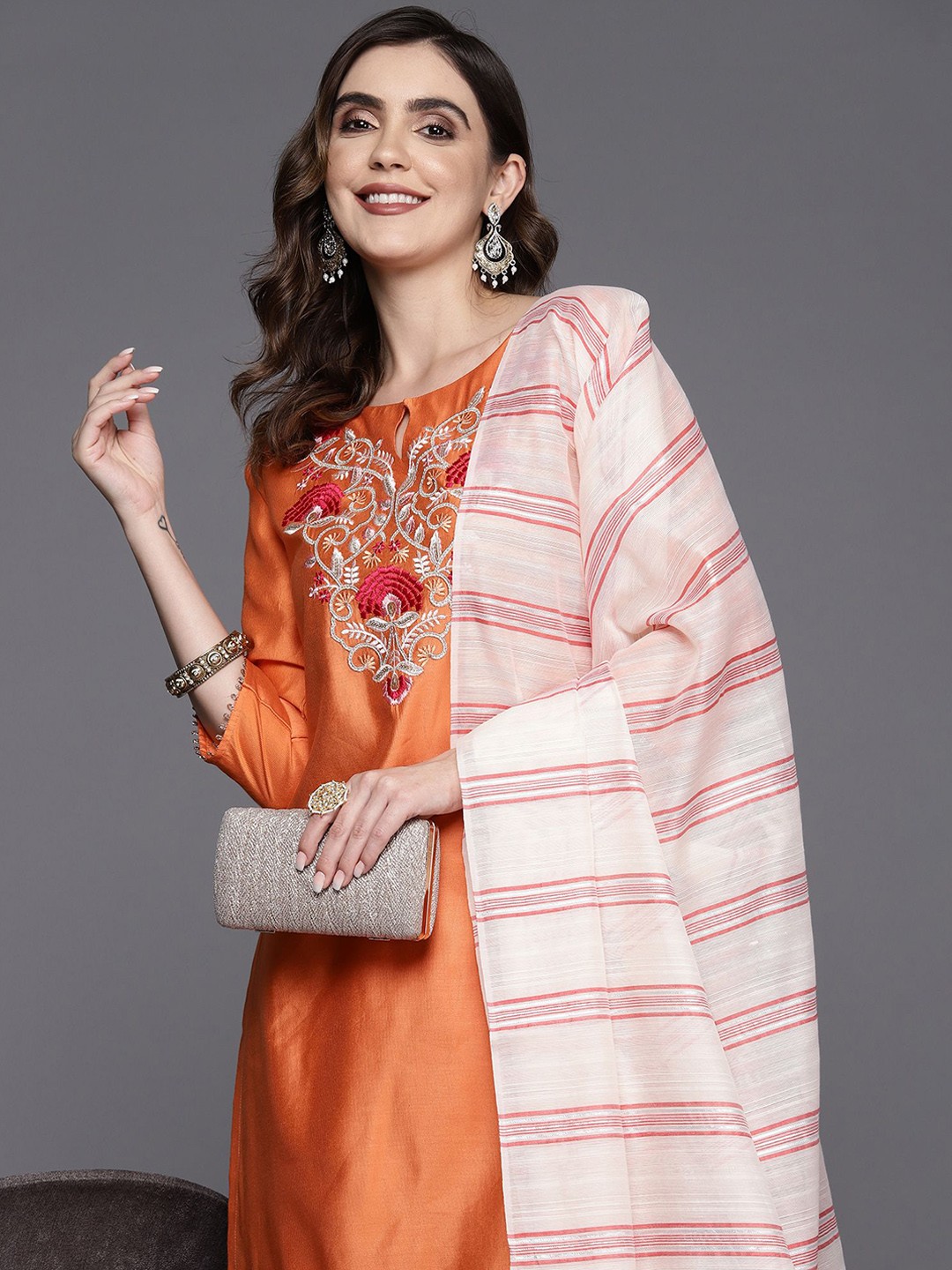 

Anouk Floral Embroidered Regular Thread Work Liva Straight Kurta with Trousers & Dupatta, Orange