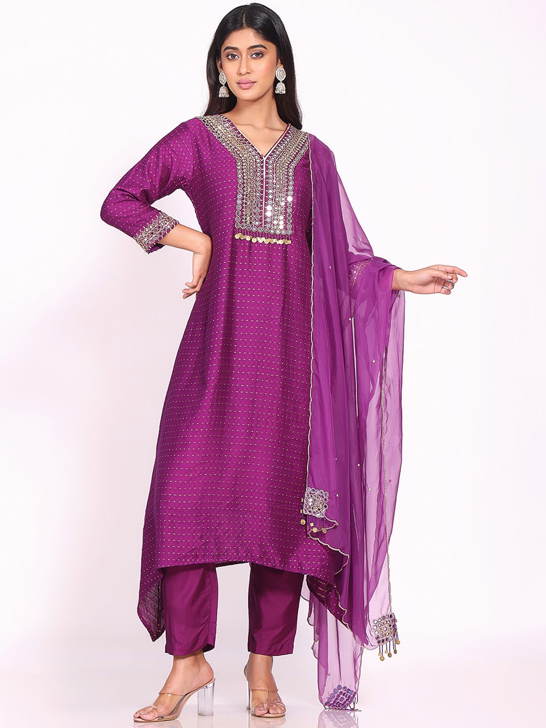 

ORAT Floral Embroidered V-Neck Chanderi Silk Kurta With Palazzos & Dupatta, Purple