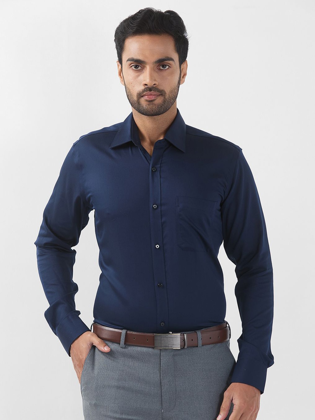 

Raymond Men Contemporary Spread Collar Solid Cotton Formal Shirt, Blue