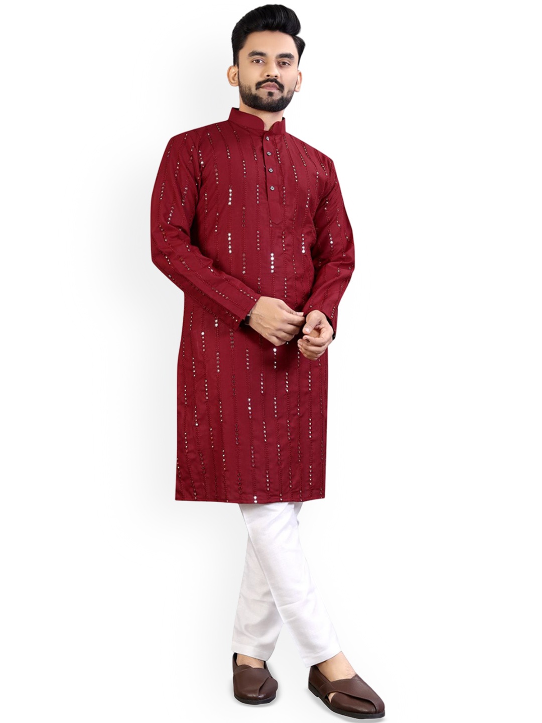 

CHARLOTTE GRACIOUS Striped Mandarin Collar Mirror Work Cotton Straight Kurta, Red