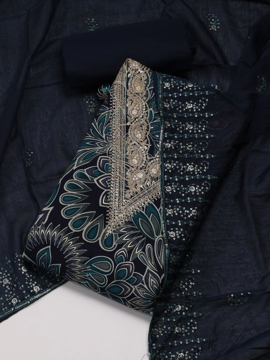 

Meena Bazaar Floral Printed Sequinned Unstitched Dress Material, Navy blue
