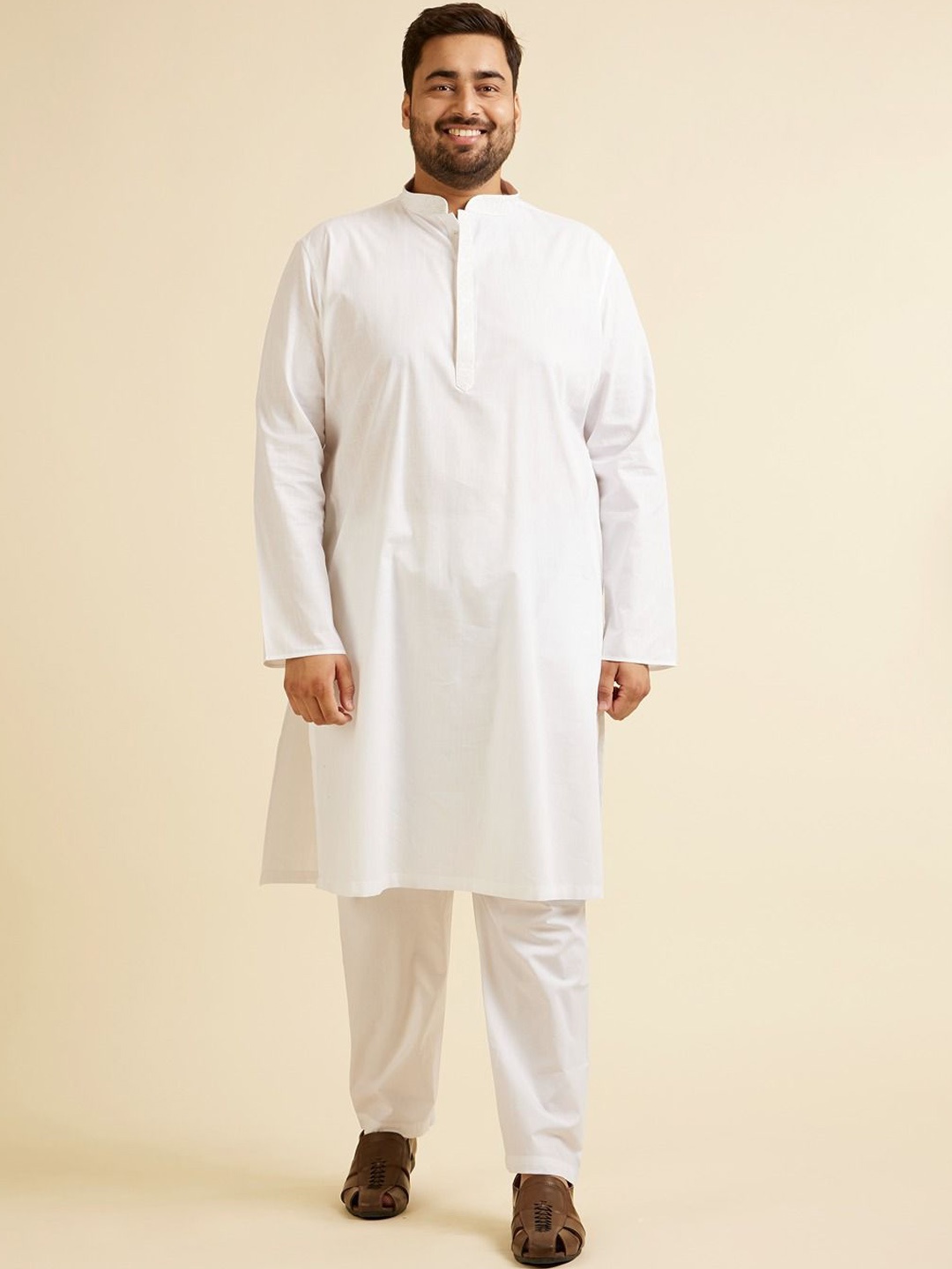 

Manyavar Plus Size Mandarin Collar Regular Thread Work Kurta With Pyjama, White