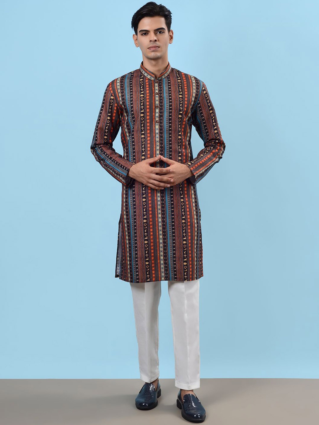 

azania Ethnic Motifs Printed Mandarin Collar Kurta With Pyjamas, Brown