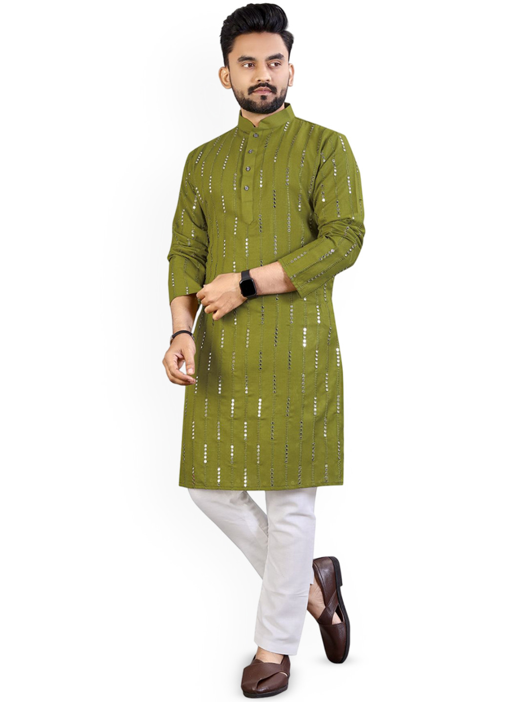 

CHARLOTTE GRACIOUS Embroidered Mandarin Collar Mirror Work Cotton Silk Straight Kurta, Green