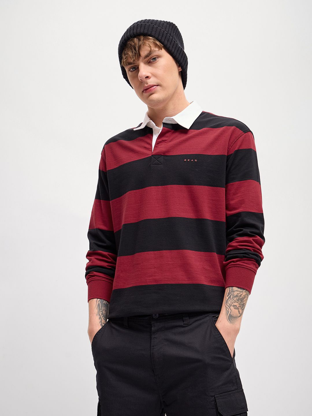 

THE BEAR HOUSE Men Striped Polo Collar Cotton T-shirt, Maroon