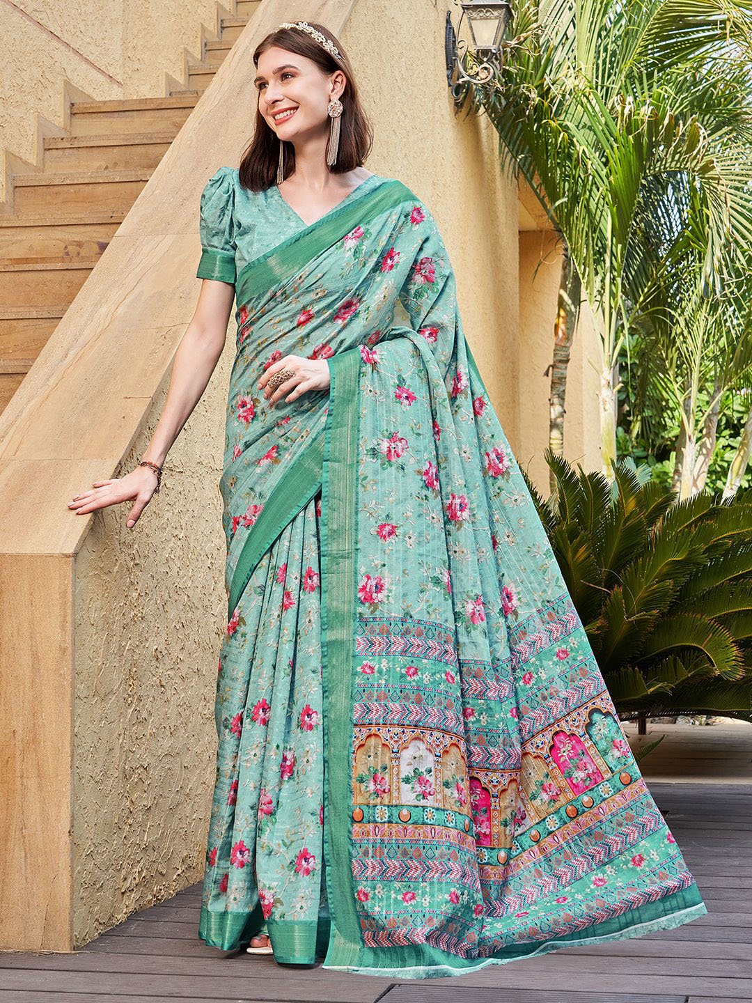 

Mitera Floral Pure Silk Banarasi Saree, Green