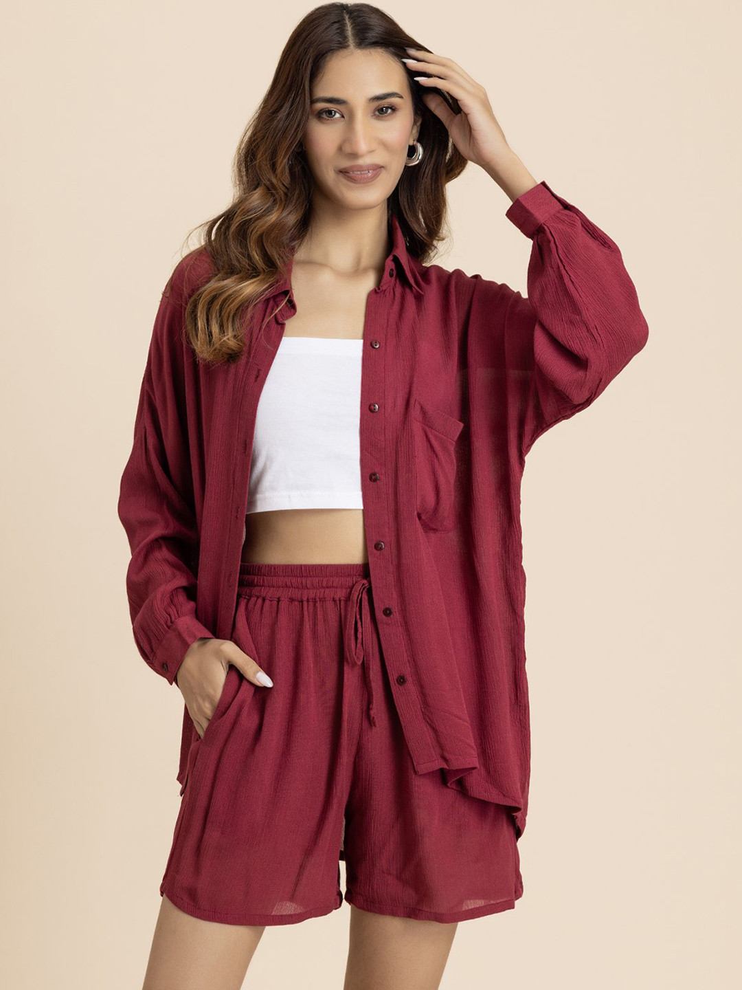 

Moomaya Long Sleeves Shirt & Shorts, Maroon