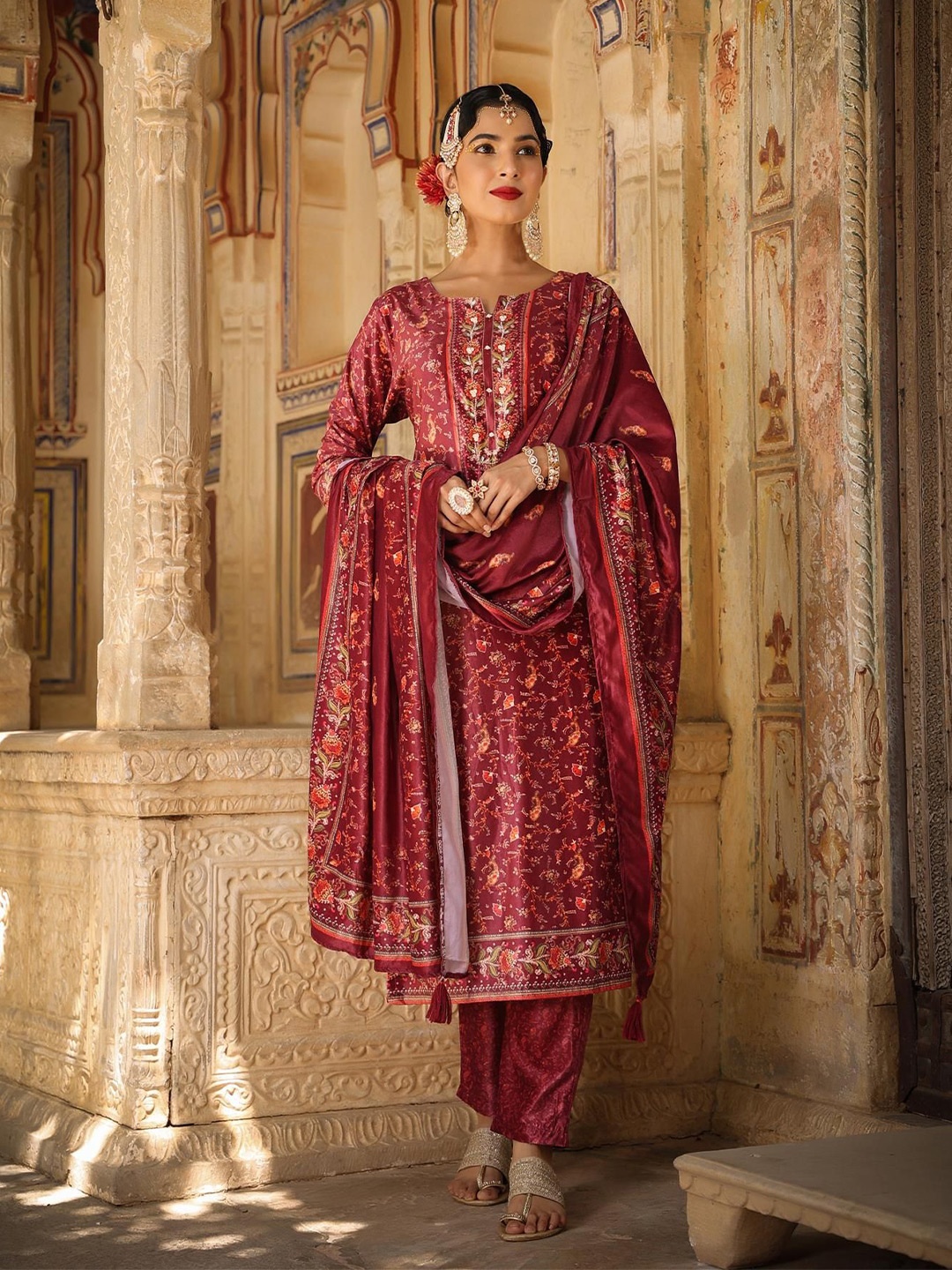 

SCAKHI Floral Printed Beads And Stones Velvet Straight Kurta With Trousers & Dupatta, Rust
