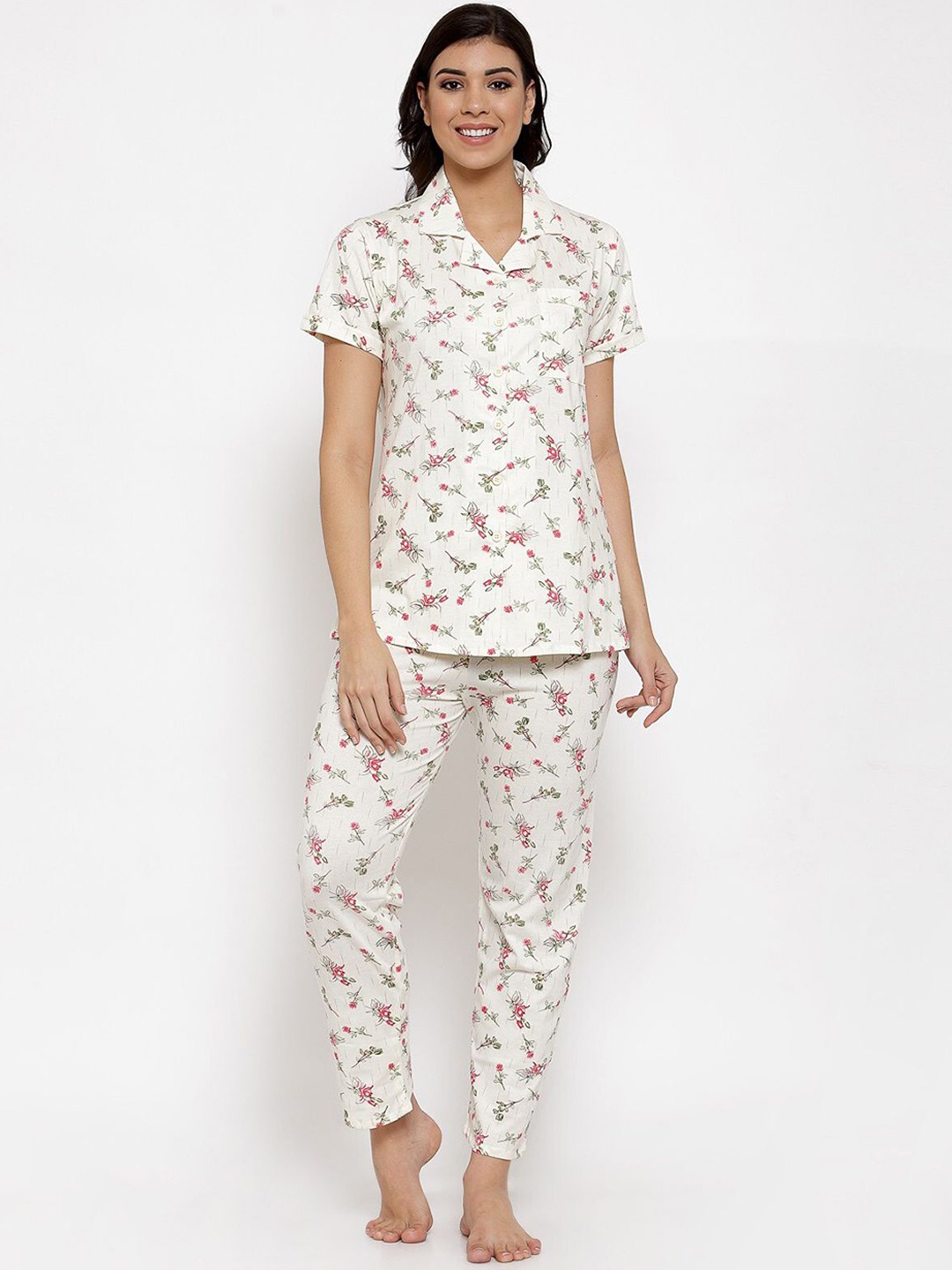 

SHYAM SONS FLAIR Women Floral Printed Lapel Collar Night suit, Beige
