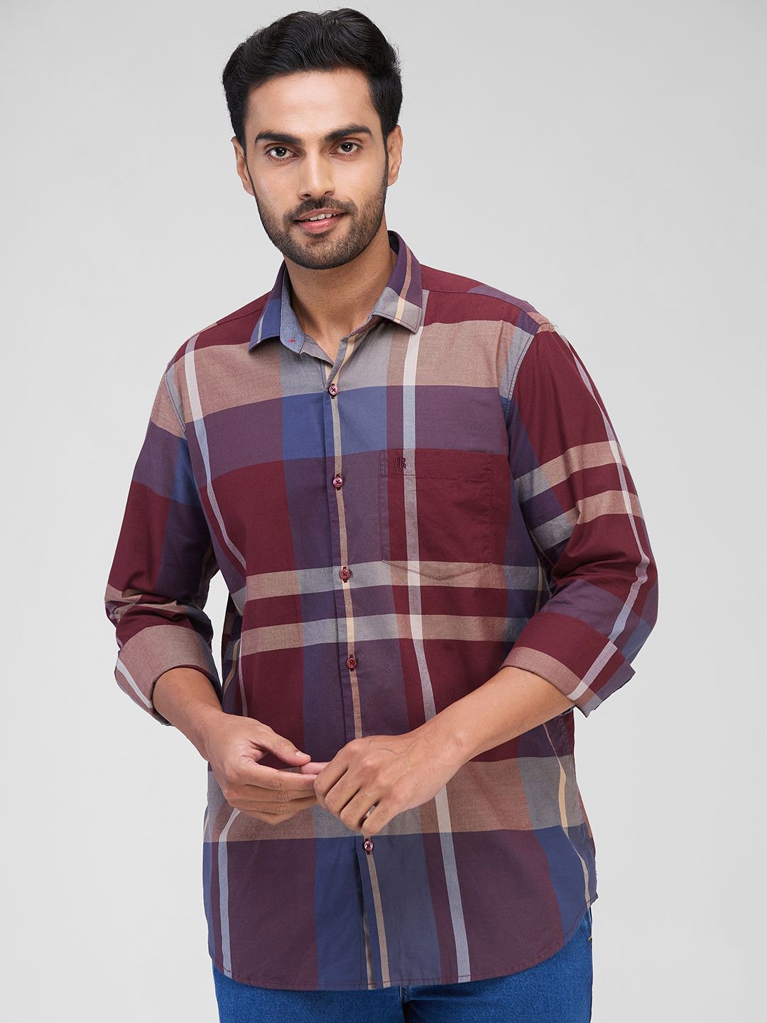 

Raymond Men Spread Collar Checked Cotton Casual Shirt, Red