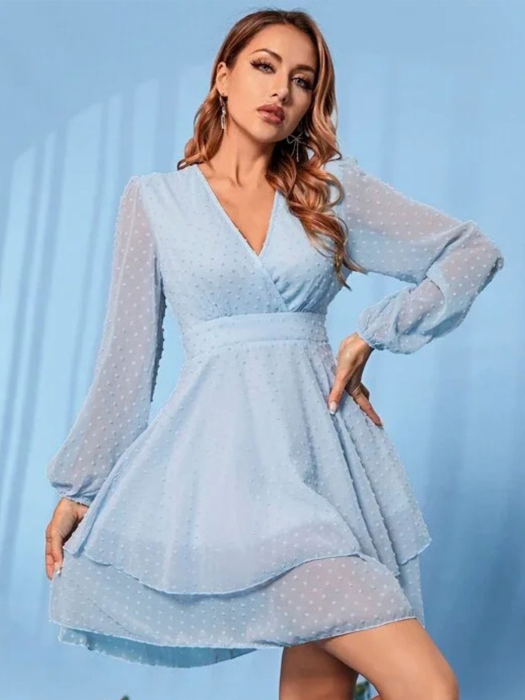

KPOP Women Solid Puff Sleeve Fit and Flare Dress, Blue